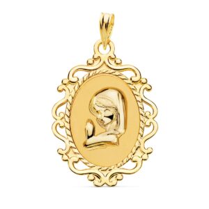 18K MEDALLA ORO AMARILLO VIRGEN NIÑA CERCO CALADO BRILLO 23X16 MM