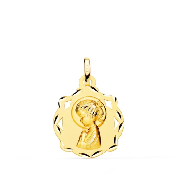 18K MEDALLA ORO AMARILLO CAPILLA VIRGEN NIÑA PERFIL MATIZADA 17X14 MM