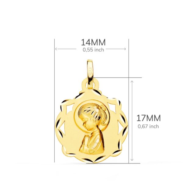 18K MEDALLA ORO AMARILLO CAPILLA VIRGEN NIÑA PERFIL MATIZADA 17X14 MM - Imagen 2
