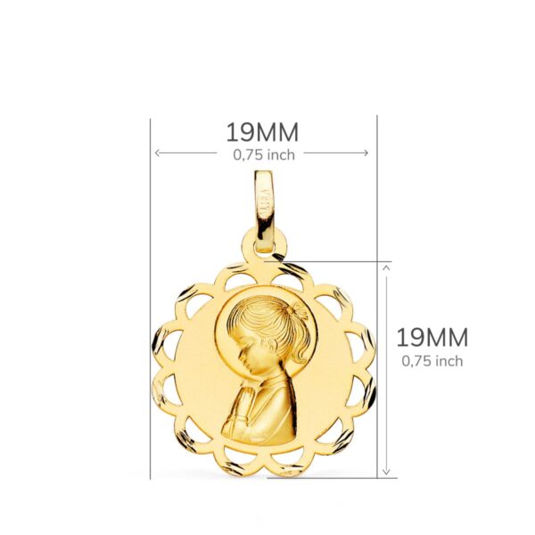 18K MEDALLA ORO AMARILLO PANDERETA VIRGEN NIÑA PERFIL MATIZADA Y CALADA 19 MM - Imagen 3
