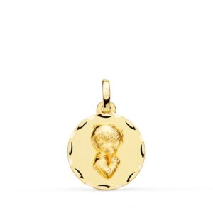 9K MEDALLA ORO AMARILLO NIÑO DE COMUNION PERFIL TALLADA 16 MM