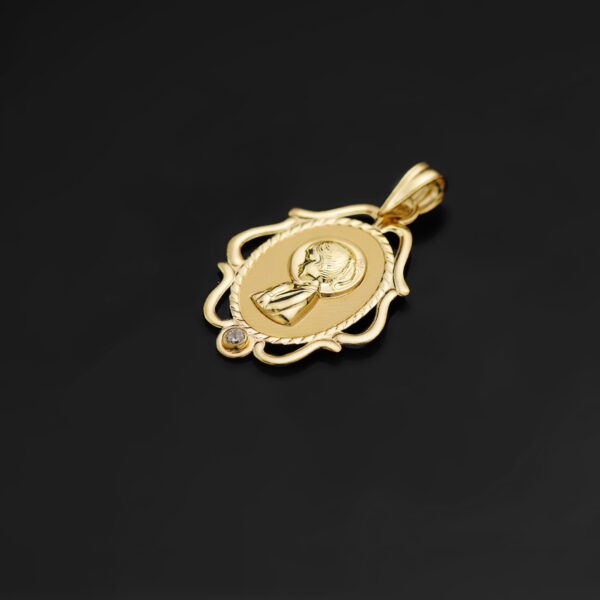 18K MEDALLA ORO AMARILLO VIRGEN NIÑA CERCO CALADO BRILLO CON CIRCONITA 24X17 MM - Imagen 2