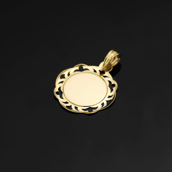 18K MEDALLA ORO AMARILLO ANGELITO BURLON ESMALTE BLANCO Y CERCO CALADO EN BRILLO 20X18 MM - Imagen 2
