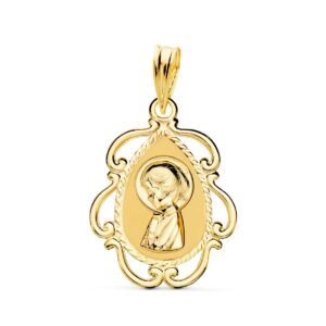 18K MEDALLA ORO AMARILLO VIRGEN NIÑA CERCO CALADO EN BRILLO 22X16 MM