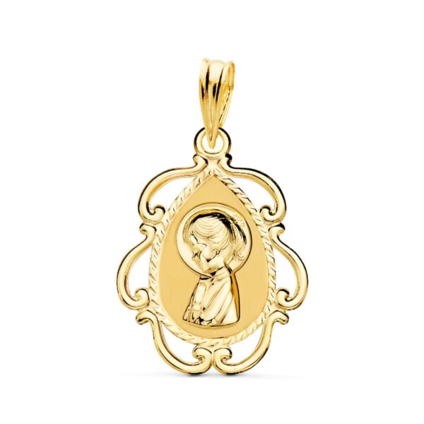 18K MEDALLA ORO AMARILLO VIRGEN NIÑA CERCO CALADO EN BRILLO 22X16 MM