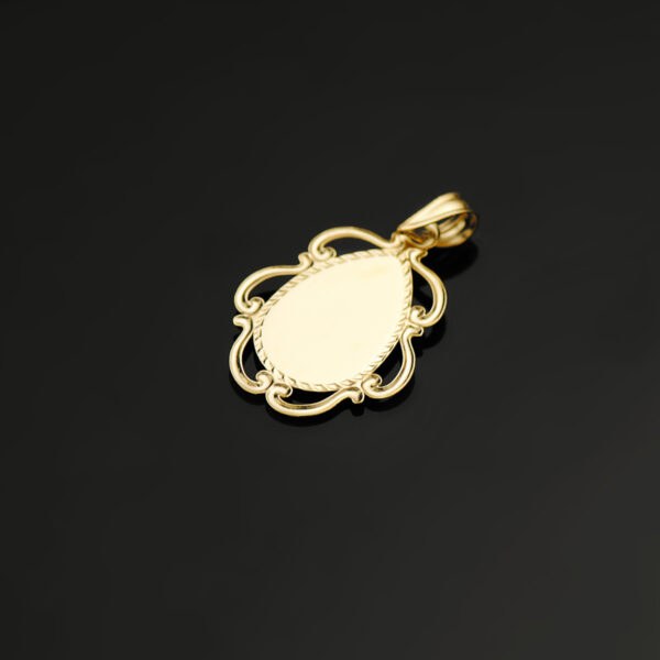 18K MEDALLA ORO AMARILLO VIRGEN NIÑA ESMALE BLANCO Y CERCO CALADO EN BRILLO 22X16 MM - Imagen 2