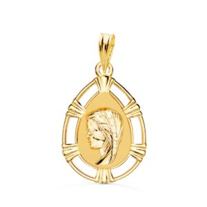 9K MEDALLA ORO AMARILLO VIRGEN NIÑA LAGRIMA 23 X 15 MM