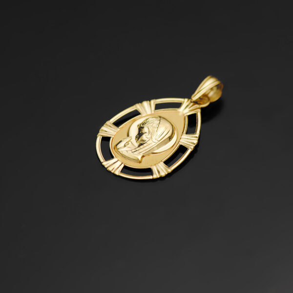 18K MEDALLA ORO AMARILLO VIRGEN NIÑA CERCO CALADO BRILLO FORMA GOTA 23X15 MM - Imagen 2