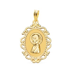 18K MEDALLA ORO AMARILLO VIRGEN NIÑA PERFIL CERCO CALADO BRILLO 23X16 MM