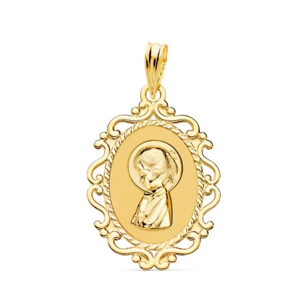 18K MEDALLA ORO AMARILLO VIRGEN NIÑA PERFIL CERCO CALADO BRILLO 23X16 MM