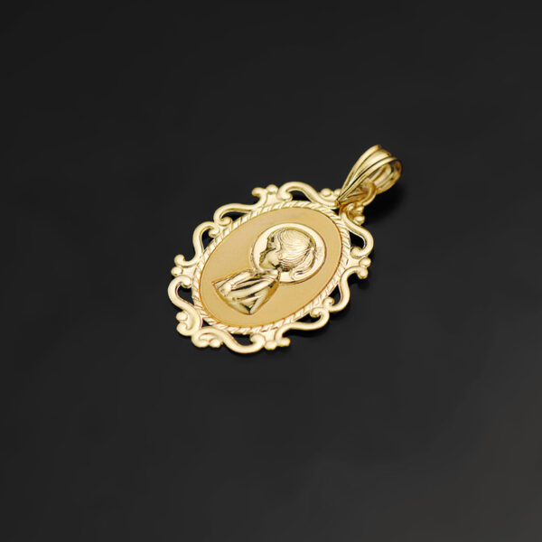 18K MEDALLA ORO AMARILLO VIRGEN NIÑA PERFIL CERCO CALADO BRILLO 23X16 MM - Imagen 2