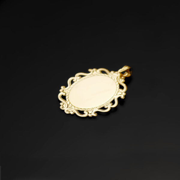 18K MEDALLA ORO AMARILLO VIRGEN NIÑA PERFIL ESMALTE BLANCO Y CERCO CALADO BRILLO 23X16 MM - Imagen 2