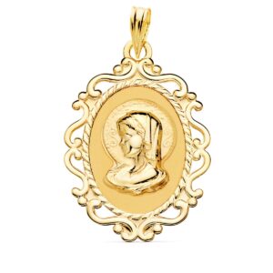 18K MEDALLA ORO AMARILLO VIRGEN NIÑA CERCO CALADO EN BRILLO. 31 X 21 MM
