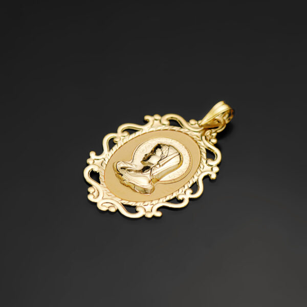18K MEDALLA ORO AMARILLO VIRGEN NIÑA CERCO CALADO EN BRILLO. 31 X 21 MM - Imagen 2