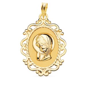 18K MEDALLA ORO AMARILLO VIRGEN NIÑA CERCO CALADO EN BRILLO 31X21 MM