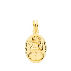 18K MEDALLA ORO AMARILLO OVAL ANGELITO BURLON CON RELOJ TALLADA 19X12 MM
