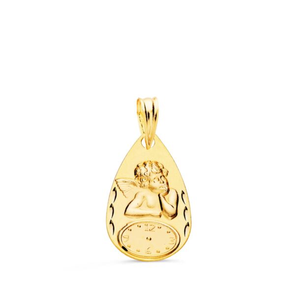 9K MEDALLA ORO AMARILLO GOTA ANGELITO BURLON CON RELOJ TALLADA 19X11 MM