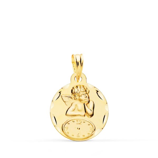9K MEDALLA ORO AMARILLO REDONDA ANGELITO BURLON CON RELOJ TALLADA 15 MM