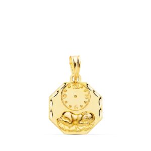 18K MEDALLA ORO AMARILLO OCTOGONAL NIÑO DE LA HORA CON RELOJ TALLADA 15X15 MM