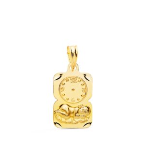 9K MEDALLA ORO AMARILLO RECTANGULO NIÑO DE LA HORA CON RELOJ TALLADA 19X11 MM