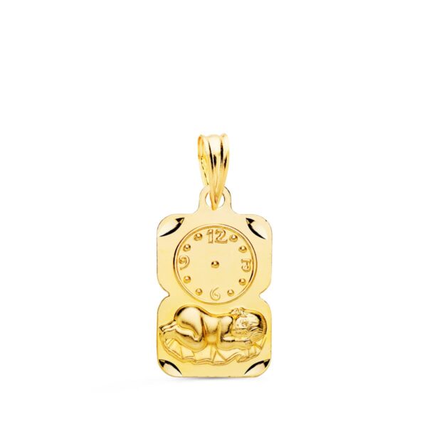 9K MEDALLA ORO AMARILLO RECTANGULO NIÑO DE LA HORA CON RELOJ TALLADA 19X11 MM