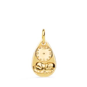 18K MEDALLA ORO AMARILLO GOTA NIÑO DE LA HORA CON RELOJ BRILLO Y MATE 19X11 MM