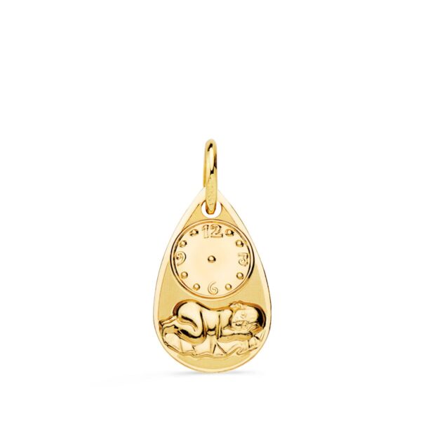 9K MEDALLA ORO AMARILLO GOTA NIÑO DE LA HORA CON RELOJ BRILLO Y MATE 19X11 MM