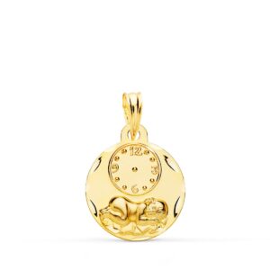 18K MEDALLA ORO AMARILLO REDONDA NIÑO DE LA HORA CON RELOJ TALLADA 15 MM