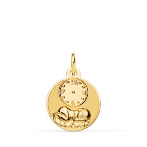 18K MEDALLA ORO AMARILLO REDONDA NIÑO DE LA HORA CON RELOJ BRILLO Y MATE 15 MM