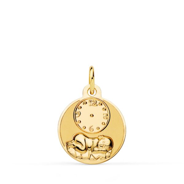 9K MEDALLA ORO AMARILLO REDONDA NIÑO DE LA HORA CON RELOJ BRILLO Y MATE 15 MM