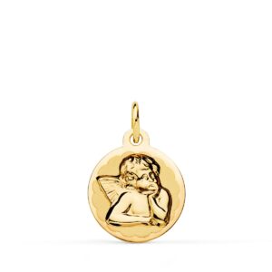 18K MEDALLA ORO AMARILLO REDONDA ANGELITO BURLON BRILLO Y MATE 14 MM