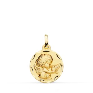 18K MEDALLA ORO AMARILLO ANGELITO BURLON CON PALOMA TALLADA 16 MM
