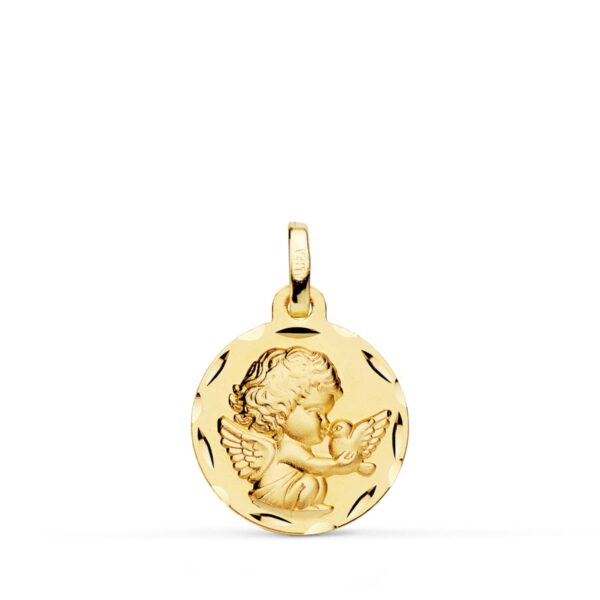 18K MEDALLA ORO AMARILLO ANGELITO BURLON CON PALOMA TALLADA 16 MM
