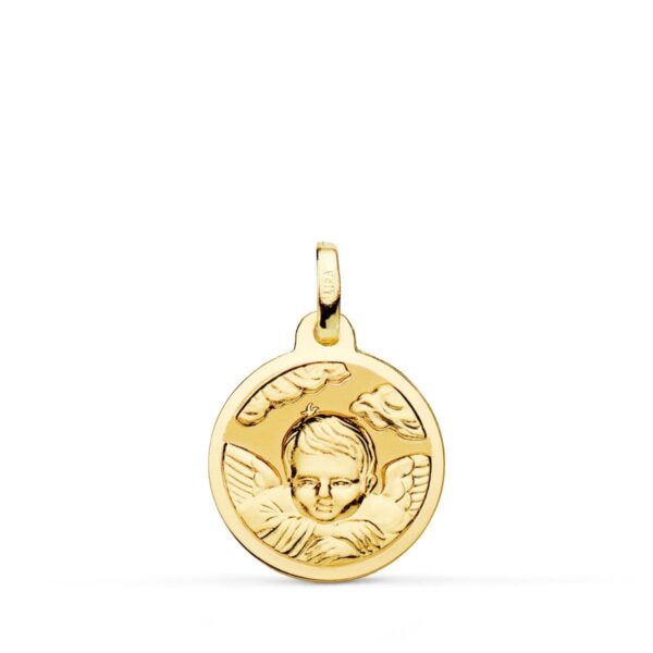 18K MEDALLA ORO AMARILLO ANGEL NIÑO EN LA NUBE BRILLO 16 MM