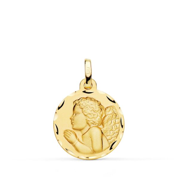 18K MEDALLA ORO AMARILLO ANGEL NIÑO PIADOSO REZANDO TALLADO 18 MM