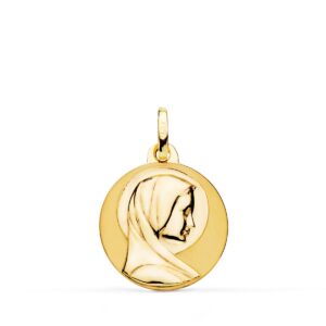 18K MEDALLA ORO AMARILLO MARIA FRANCESA LISA MATIZADA Y BRILLO 18 MM
