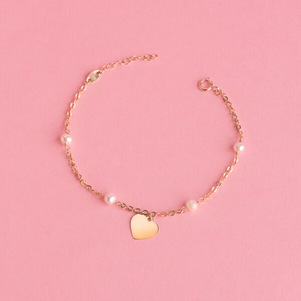 18K PULSERA ORO AMARILLO CON PERLAS 3.5MM Y PLACA CHAPA CORAZON 10MM. LARGO: 15 2CM - Imagen 2
